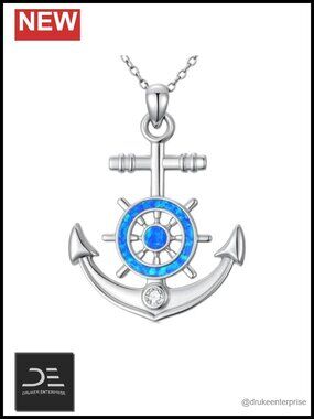 Nautical Anchor Ship Wheel 925 Sterling Silver Blue Opal Pendant Necklace